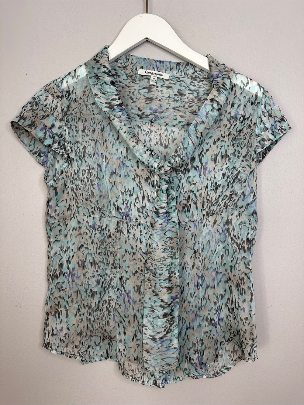 Turquoise Animal Print Short Sleeve Blouse size M